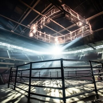 Fighting cage, sport arena with fans and lights