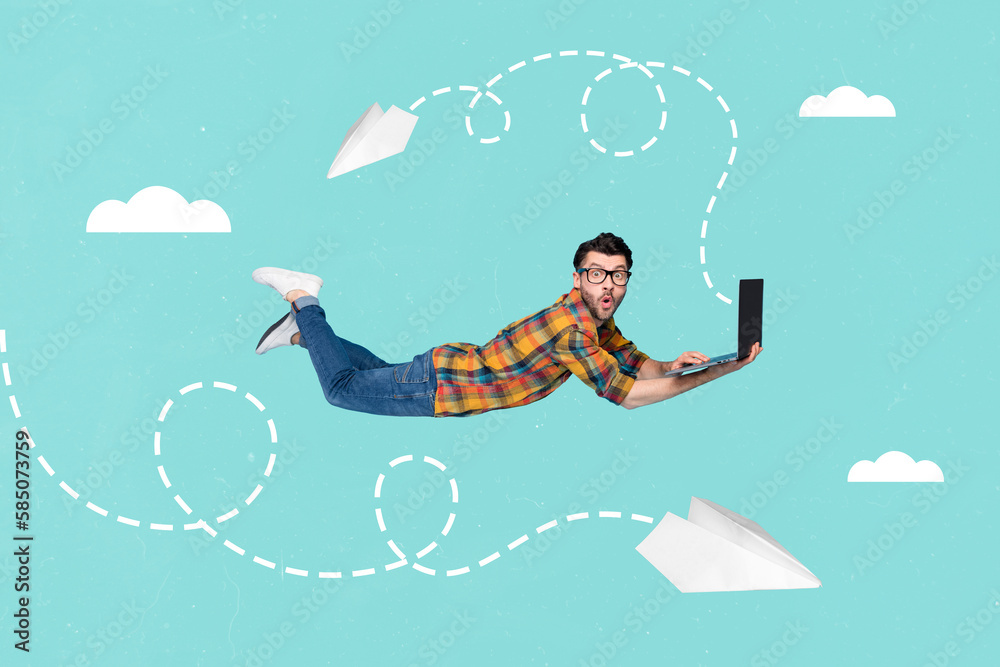 Poster creative surreal picture collage of dream fantastic manager guy flying up sky launch successful star