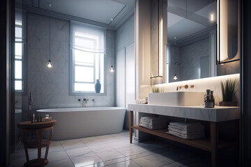 Fototapeta na wymiar Light luxury bathroom interior with sink and tub, mirror, glass, beautiful light, glass, and generative AI tools.