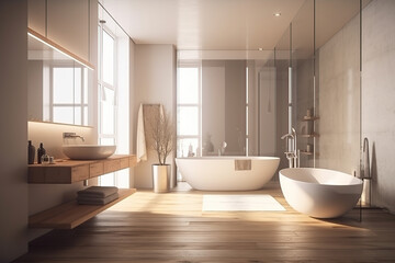 Obraz na płótnie Canvas Light luxury bathroom interior with sink and tub, mirror, glass, beautiful light, glass, and generative AI tools.