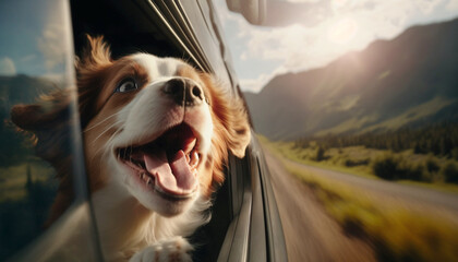 Happy dog with head out of the car window having fun. Generative Ai.