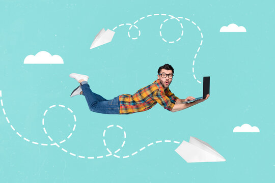 Creative surreal picture collage of dream fantastic manager guy flying up sky launch successful startup using netbook