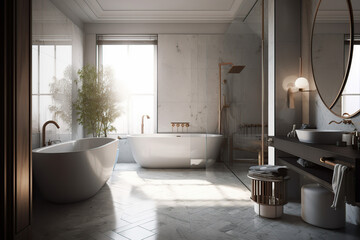 Light luxury bathroom interior with sink and tub, mirror, glass, beautiful light, glass, and generative AI tools.