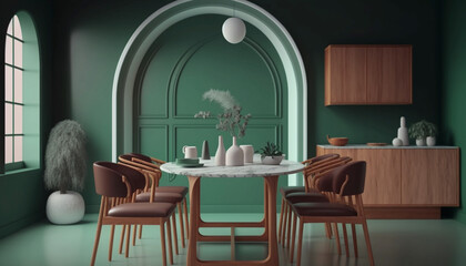 Interior dining design with wooden round table and chairs. Generative Ai.