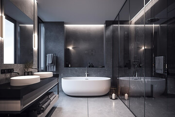 Naklejka na ściany i meble Light luxury bathroom interior with sink and tub, mirror, glass, beautiful light, glass, and generative AI tools.