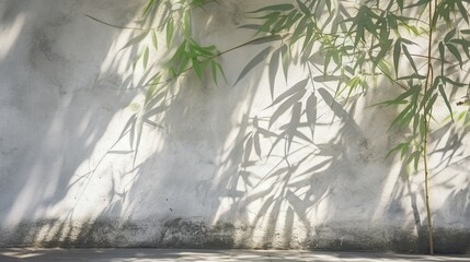 Modern, minimal blank beige wall with green bamboo palm tree in sunlight, leaf shadow generative Ai organic cosmetic, skin care, beauty treatment product 