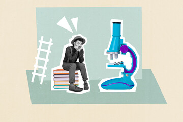 Picture template collage of upset gentleman guy sitting book learning discovering microscope...