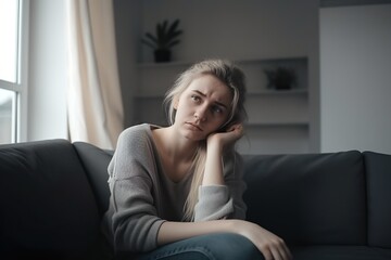 generative ai, eine frau mit migräne sitzt auf einer couch, hält sich den kopf und wirkt müde. (generative ai)
