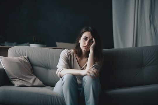 eine frau mit migr&auml;ne sitzt auf einer couch, h&auml;lt sich den kopf und wirkt m&uuml;de. (generative ai)