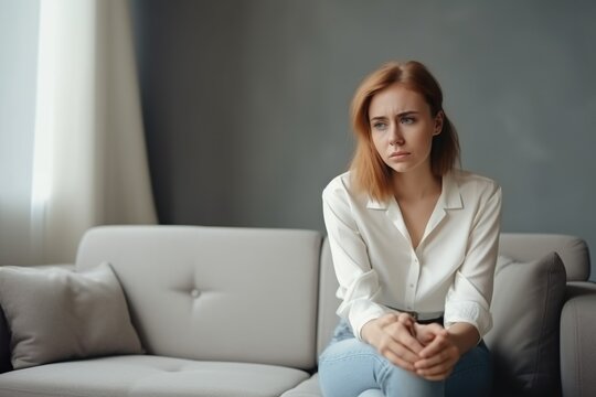 Junge, 20 jährige Frau sitzt mit Kopfschmerzen im Wohnzimmer auf der Couch (Generative AI)