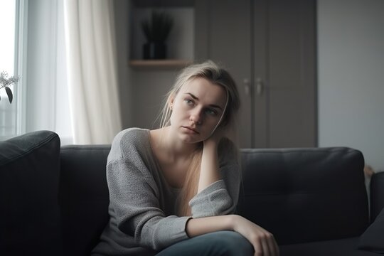 eine frau mit migr&auml;ne sitzt auf einer couch, h&auml;lt sich den kopf und wirkt m&uuml;de. (generative ai)