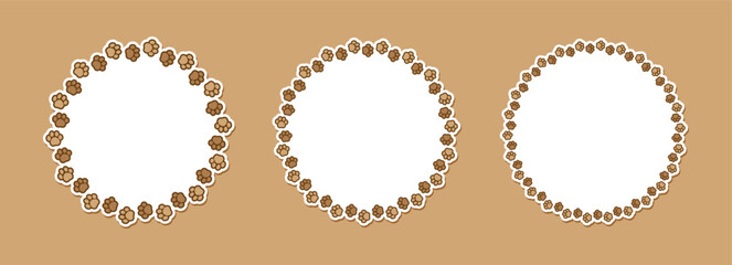 Round frame made of animal paw prints with copy space for text set. Cute dog paw print border collection. Vector illustration