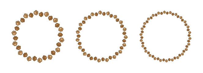 Round frame made of animal paw prints with copy space for text set. Cute dog paw print border collection. Vector illustration