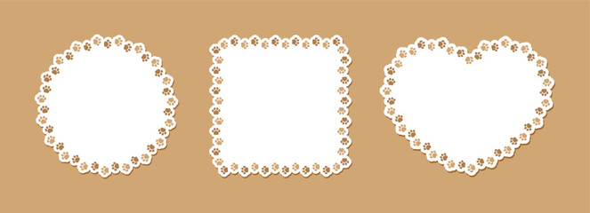 Cute animal paw print frame with copy space. Animal pet dog paw prints border template set. Vector illustration