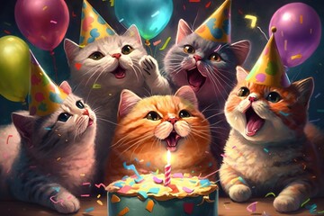 Cat birthday party illustration, happy cats, cake confetti party fun,  Generative AI