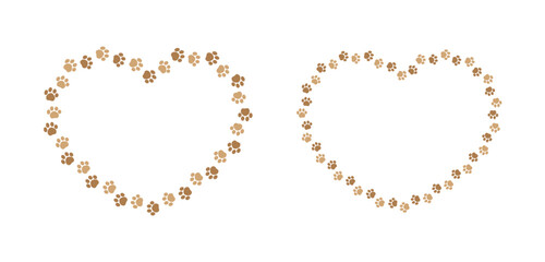 Heart shaped frame made of animal paw prints with empty space for your text and images. Cute Valentines, animal lover dog paw print border.