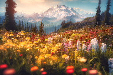 The wildflower fields of the Pacific Northwest offer a colorful and dreamy summer travel background, with meadows bursting with a kaleidoscope of blooms