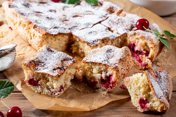 Fresh sponge cake with cherries. Chiffon biscuit