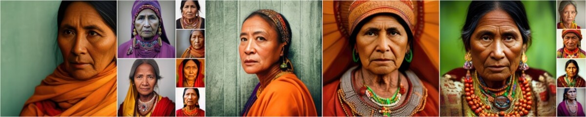 Collage of native Indian Amarican women portraits. Collection of traditional dressed people. Generative AI