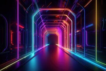 Fototapeta premium 3d rendering, ultraviolet spectrum, glowing lines, neon lights, abstract psychedelic background, corridor, tunnel perspective, vibrant colors.