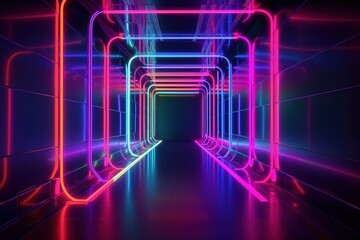 3d rendering, ultraviolet spectrum, glowing lines, neon lights, abstract psychedelic background, corridor, tunnel perspective, vibrant colors.