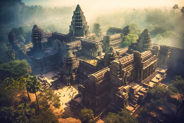 The mystical, mist-shrouded temples of Cambodia's Angkor Wat offer a historic and enchanting summer travel background, with ancient stone ruins rising from the jungle