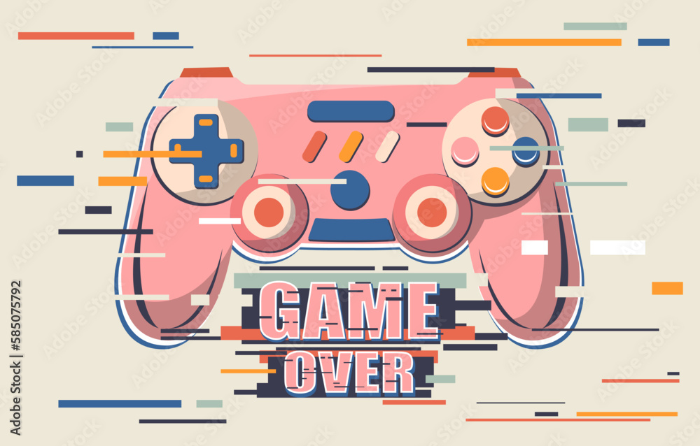 Wall mural Retro games banner. Pink controller or joystick with glitches and game over inscriptions. Abstract creativity and art. Entertainment and recreation. Cartoon flat vector illustration