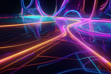 3d render, abstract neon panoramic background, glowing lines, ultraviolet light