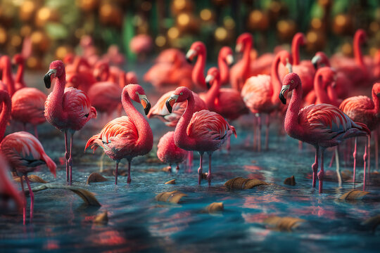 The bright pink flamingos of Mexico's Yucatan Peninsula create a playful and colorful summer travel background, with hundreds of vibrant birds gathered in shallow lagoons