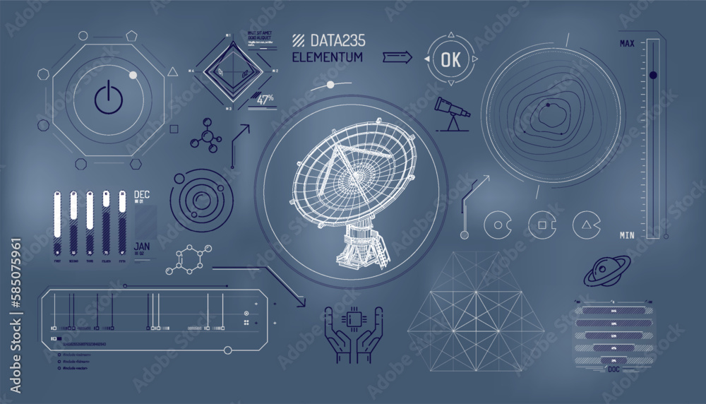 Canvas Prints set of infographic elements about radio astronomy and space observation.
