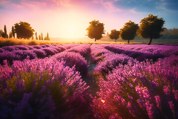 Obraz premium The vibrant fields of lavender in the French region of Provence create a fragrant and colorful summer travel background, with rows of deep purple flowers stretching towards the sun