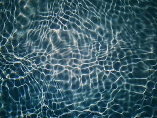 Defocus blurred transparent blue colored clear calm water surface texture with splashes and bubbles. Trendy abstract nature background. Water waves in sunlight with copy space. Blue water shine