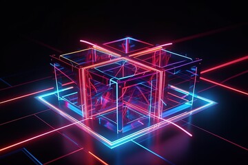 3d render, neon abstract background, red blue crossing glowing lines, cross shape, ultraviolet light, laser rays inside box