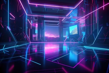 3d render, pink blue neon abstract background with glowing lines, polygonal shapes, ultraviolet light, laser show performance stage with floor reflection