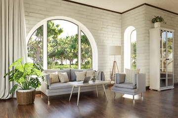 luxurious landhouse countryhouse apartment with arched window and landscape view; noble interior living room design mock up; 3D Illustration