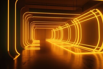 3d render, yellow neon light, abstract minimalist background, dynamic glowing lines, performance stage, vibrant colors, empty room, tunnel, corridor, night club interior