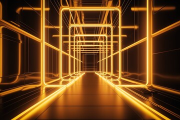 3d render, yellow neon light, abstract minimalist background, dynamic glowing lines, performance stage, vibrant colors, empty room, tunnel, corridor, night club interior