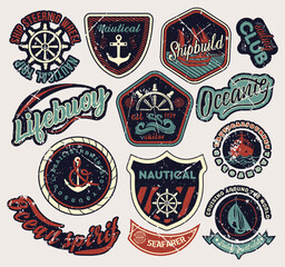 Sail labels retro set. Ships and anchors on worn patches. Nautical badges and icons. Classic and antique grunge tags with boat. Cartoon flat vector illustrations isolated on white background