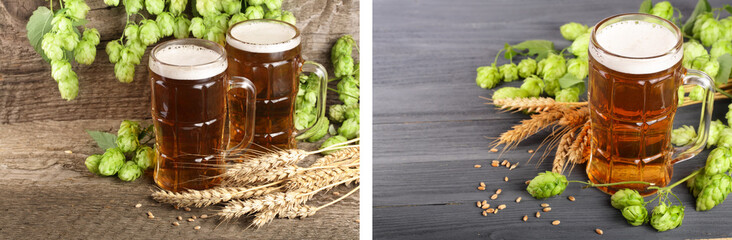 glass of foamy beer with hop cones and wheat on old wooden background