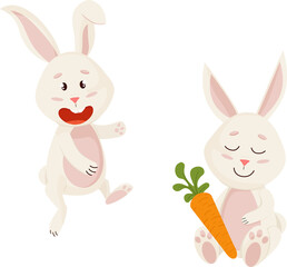 Fototapeta premium Bunnies Character with Carrot. Funny, Happy Easter Rabbits.PNG