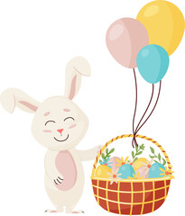 Bunny Character.  Three Balloons Funny, Happy Easter Cartoon Rabbit with Egg's Basket. PNG