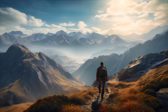 A hiker taking in the view of a mountain range on a sunny day