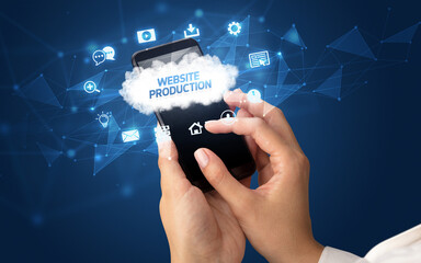 Hand using smartphone with cloud technology concept