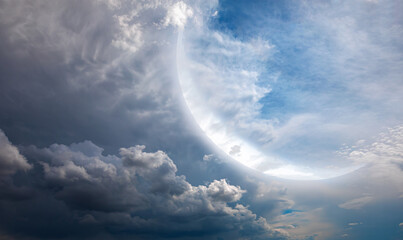 Ramadan Kareem Concept - Amazing cloudy sky with crescent bright moon 