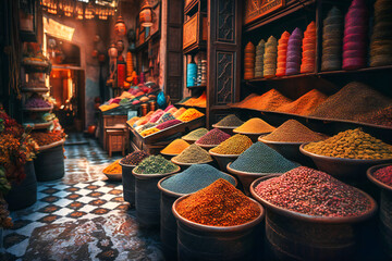 The colorful and exotic markets of Marrakech in Morocco offer a vibrant and unique summer travel background, with bright spices, handmade textiles, and traditional crafts - obrazy, fototapety, plakaty