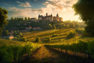 Naklejka premium The sprawling vineyards and chateaus of the Bordeaux wine region in France create a picturesque and romantic summer travel background, with rolling hills and charming villages
