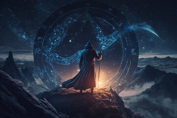Sorcerer using an astrolabe to gain forbidden knowledge, standing on a mountain top, starry night, mild wind, magical effects, cinematic lighting, cinematic composition, Generative AI - obrazy, fototapety, plakaty