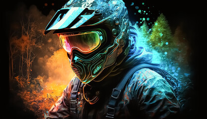 Motocross and Rider with helmet, race, neons light, High detail, hyper realistic, 8k, with beautiful green forest views in the helmet goggles. white background. Created with Generative AI technology.