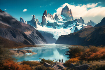 Obraz premium The towering mountains and stunning glaciers of Patagonia in South America offer a dramatic and unforgettable summer travel background, with stunning vistas and unique wildlife