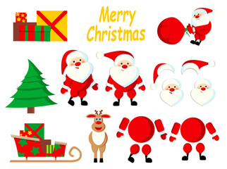 Merry Christmas set. Collection of santa claus for animations. Reindeer with sleigh, Christmas tree and gift boxes with inscription. Cartoon flat vector illustrations isolated on white background